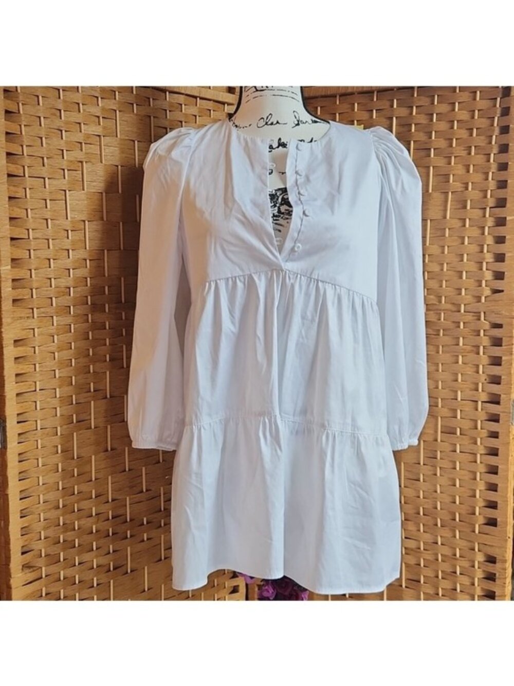 Frances Hart, Women's White Puff, Poplin Round Neck Half Button Up Mini Dress